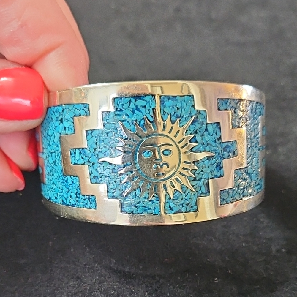 Turquoise Sun Inlay Cuff Bracelet - Blue Turquoise Design